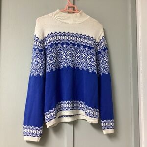 VTG Talbots Size Large Women’s Mock Neck Sweater Cotton Blue White Long Sleeve